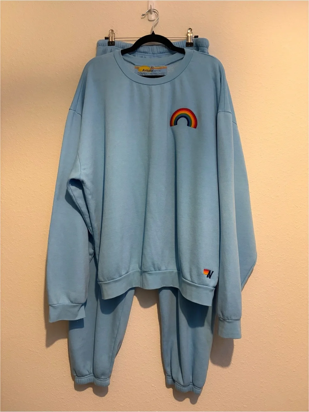 #1806 Aviator Nation RAINBOW EMBROIDERY RELAXED CREW SWEATSHIRT & Pant Set XL